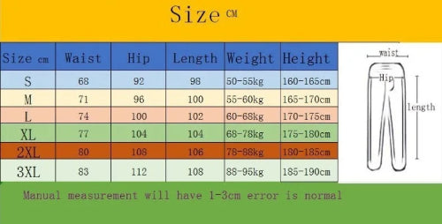 Size chart for pants with measurements in centimeters on a yellow and green background