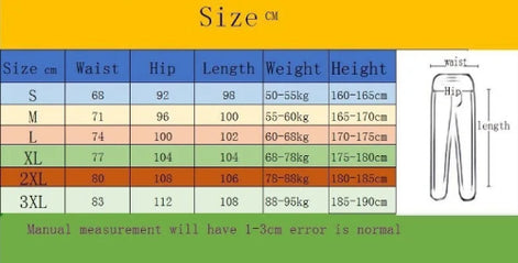 Size chart for pants with measurements in centimeters on a yellow and green background