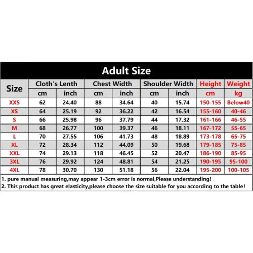Adult size chart for clothing measurements with dimensions in centimeters and inches.