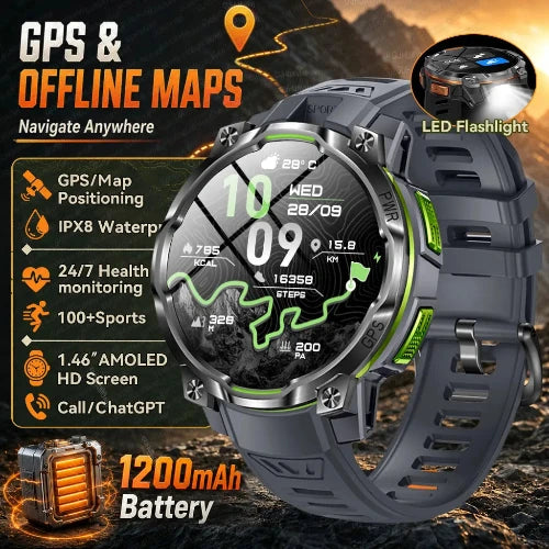 A rugged smartwatch with a dark gray and black strap, silver-toned metal case, and bright green accents, shown with promotional text and feature callouts including GPS, offline maps, LED 