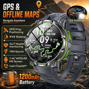 A rugged smartwatch with a dark gray and black strap, silver-toned metal case, and bright green accents, shown with promotional text and feature callouts including GPS, offline maps, LED 