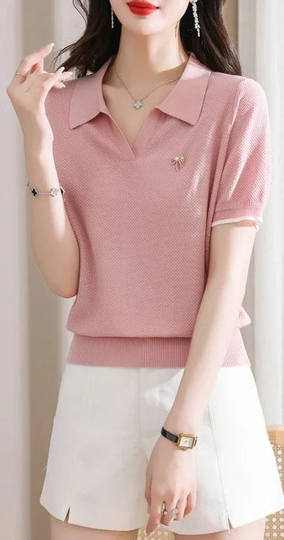 Female Tee Baggy Plain Knitted Cute T-shirts Kawaii Women's Polo Pulovers Offer Comfortable Summer 2025 with Collar New On