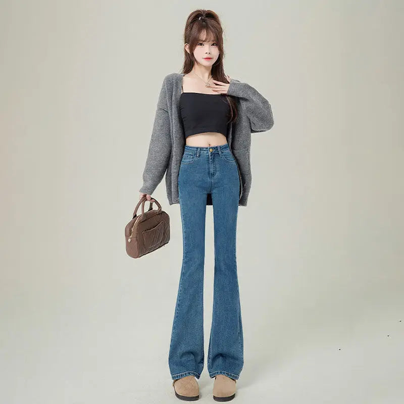 Versatile high-waisted flared jeans for women2024New slim-fit horsehair pants with a niche fashion sense in vintage blue