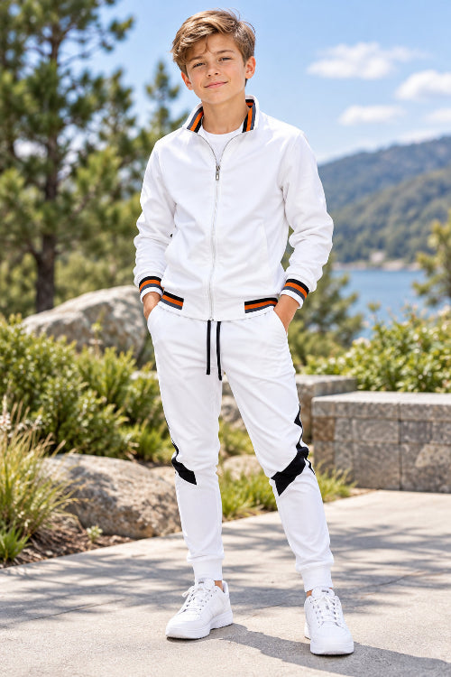 White tracksuit with black and orange accents on a white background