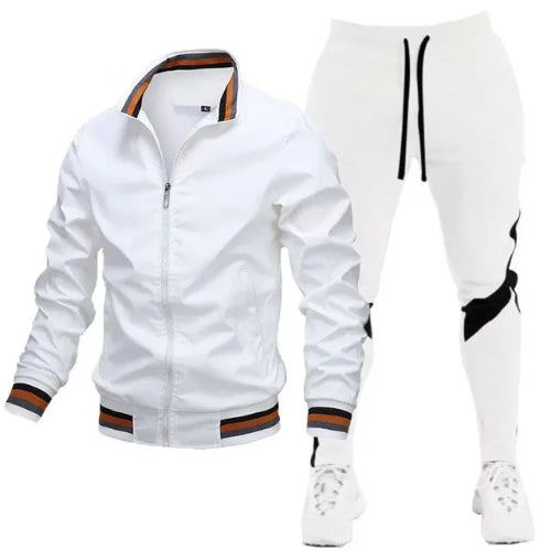 White tracksuit with black and orange accents on a white background