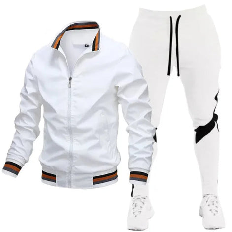 White tracksuit with black and orange accents on a white background