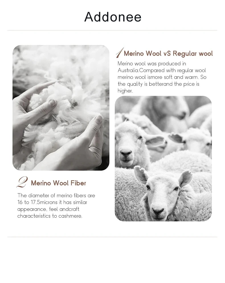 Comparison of Merino wool and regular wool with text on a white background