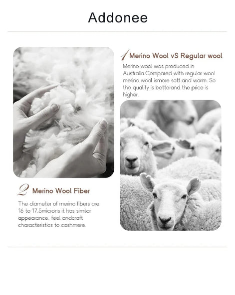 Comparison of Merino wool and regular wool with text on a white background