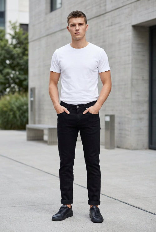 Black slim-fit jeans laid flat on a wooden surface, styled with a rope and small props at the edges.