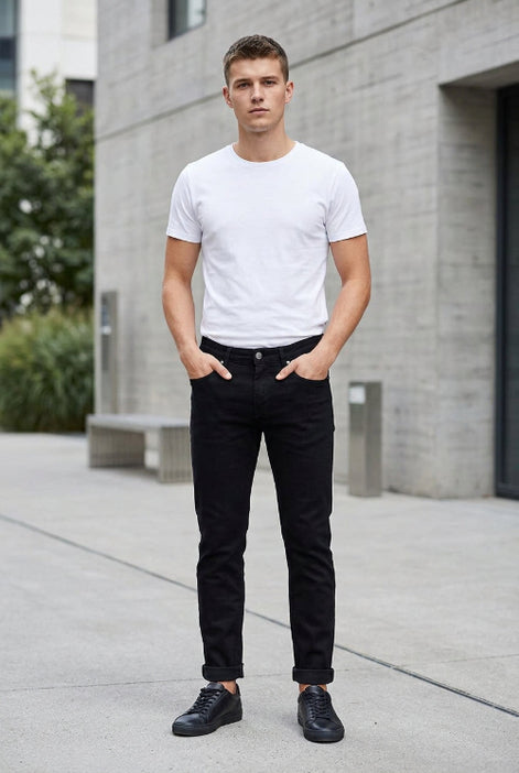 Black slim-fit jeans laid flat on a wooden surface, styled with a rope and small props at the edges.