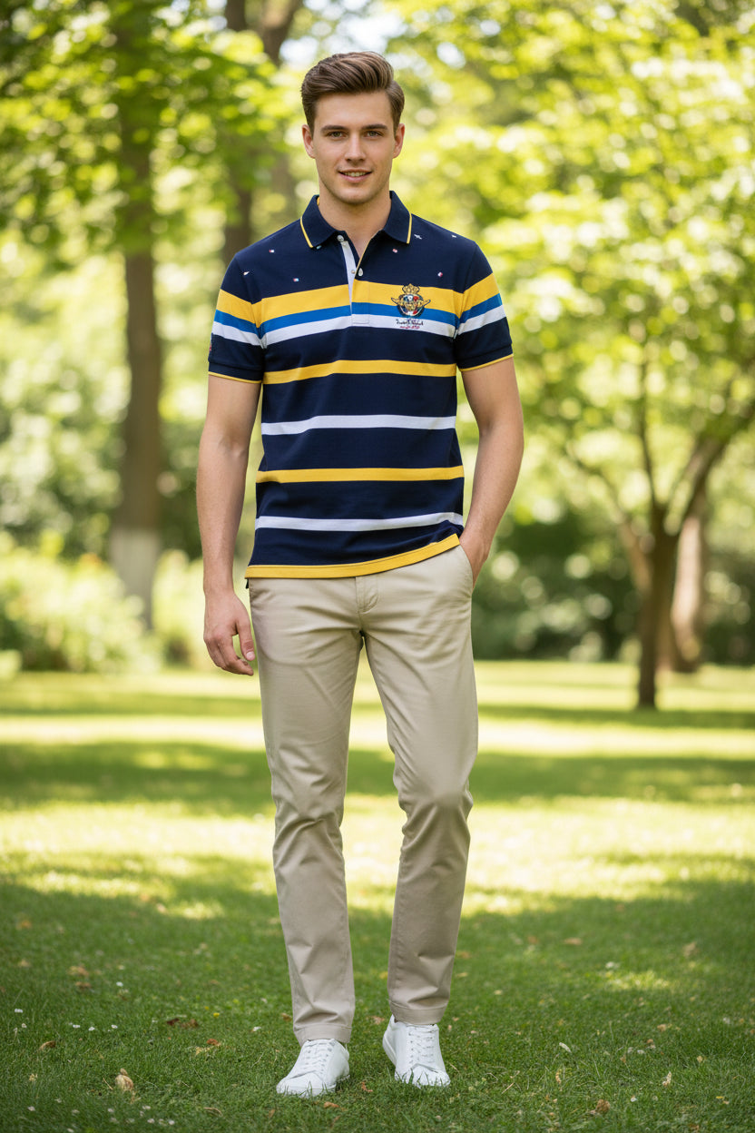 A short-sleeve polo shirt with horizontal navy, yellow, white, and light blue stripes, featuring a yellow collar, a small crest on the left chest, and a white background. A TACE&SHARK logo is visible in the top-left corner.