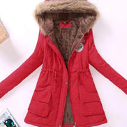 Red parka coat with fur-lined hood on a white background