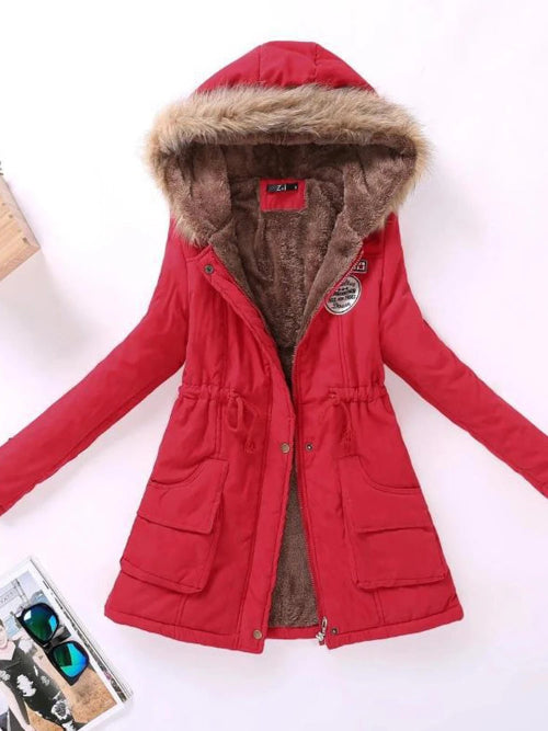 Red parka coat with fur-lined hood on a white background
