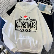 A white pullover hoodie laid flat with a front kangaroo pocket and a large holiday graphic reading 'family CHRISTMAS 2026' 