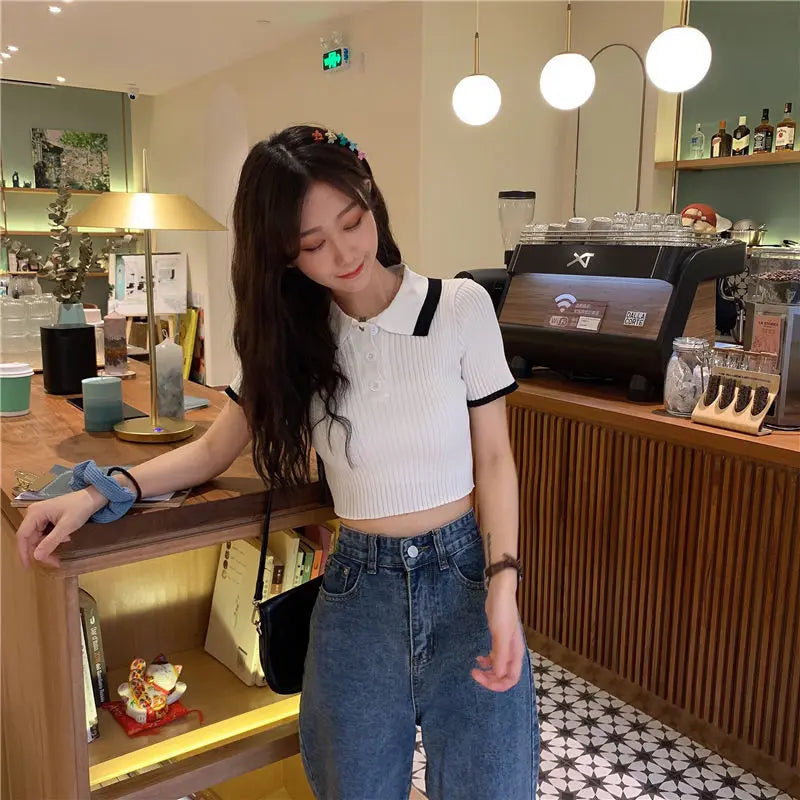 Women's Polo Shirts Sexy Crop Top Button Female Tee Knitted Slim with T-shirts Collar Korean Clothing Pulovers Trend 2025 Summer