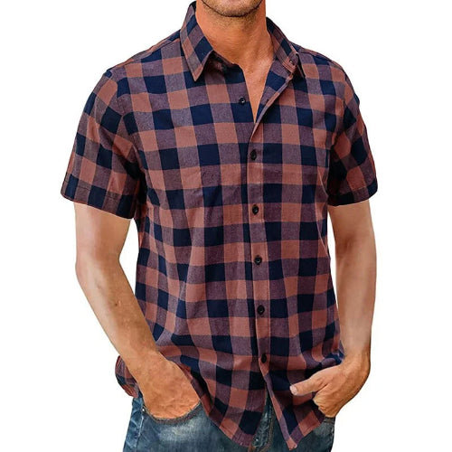 Man wearing a plaid short-sleeve shirt on a white background
