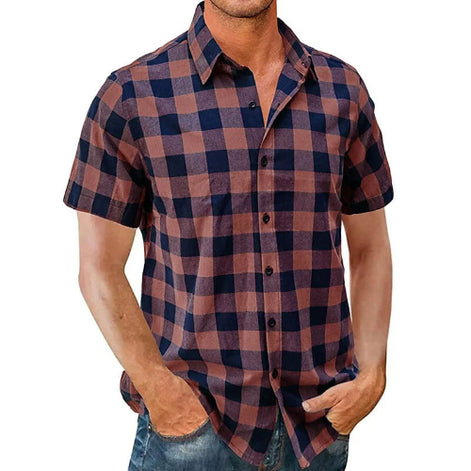 Man wearing a plaid short-sleeve shirt on a white background