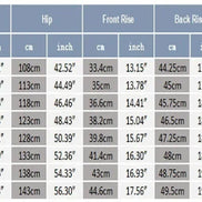 A size chart table showing measurements for waist, hip, front rise, back rise, and pants length in centimeters and inches, with size labels from S to 5XL.