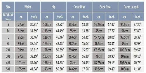 A size chart table showing measurements for waist, hip, front rise, back rise, and pants length in centimeters and inches, with size labels from S to 5XL.