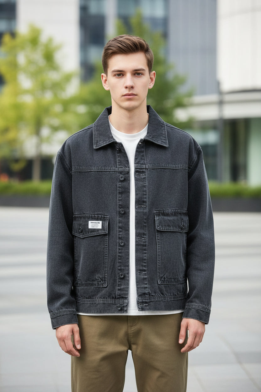 Person wearing a black denim jacket on a white background