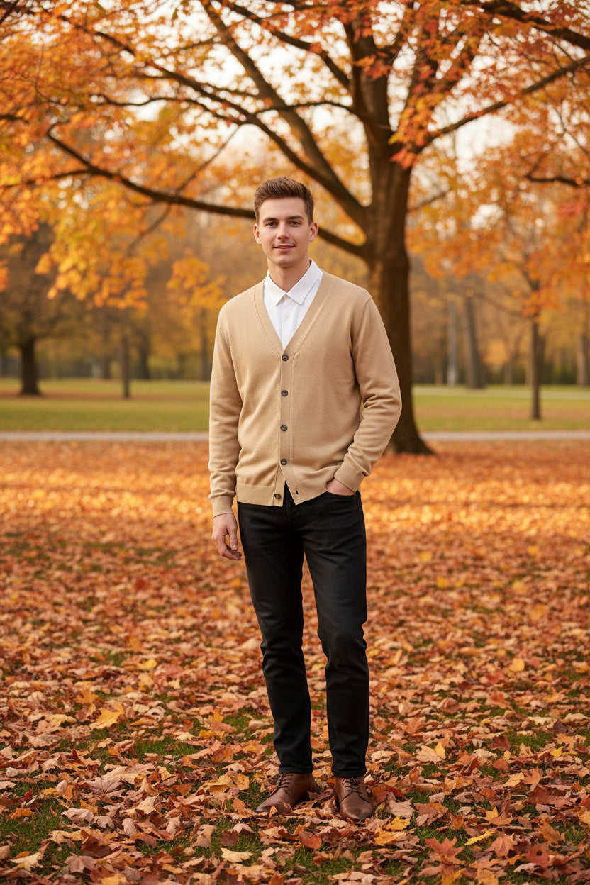 Beige cardigan over a white shirt on a wooden hanger