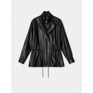 Front view of a black faux leather jacket with layered collars, snap buttons and a gathered drawstring waist against a light background