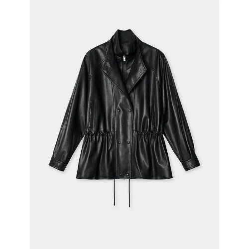 Front view of a black faux leather jacket with layered collars, snap buttons and a gathered drawstring waist against a light background