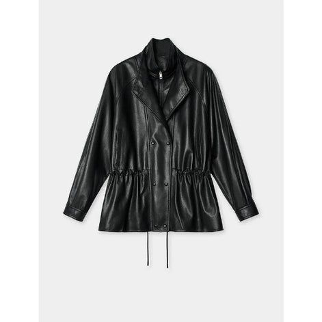 Front view of a black faux leather jacket with layered collars, snap buttons and a gathered drawstring waist against a light background
