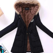 Black winter coat with fur-lined hood on a white background