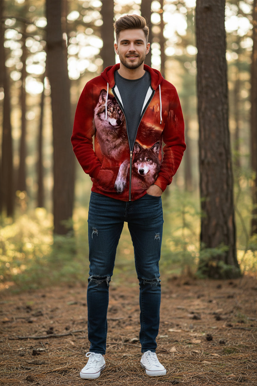 Red hoodie with wolf design on a white background