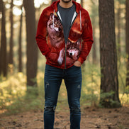 Red hoodie with wolf design on a white background