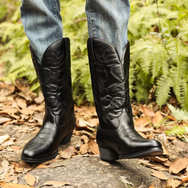 Embroidered Men Knee High Heel Leather Boots Retro European American Western Cowboy Boots Wedge Zip Casual Shoes Botas De Hombre