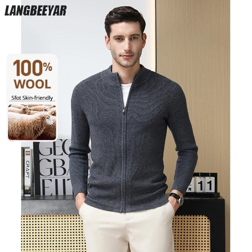 A man wearing a dark gray zip-up knit sweater with a stand collar, paired with off-white trousers, standing in an indoor setting. The brand name 'LANGBEEYAR' is displayed in the top left corner, and a promotional graphic for '100% WOOL' is shown on the left side.