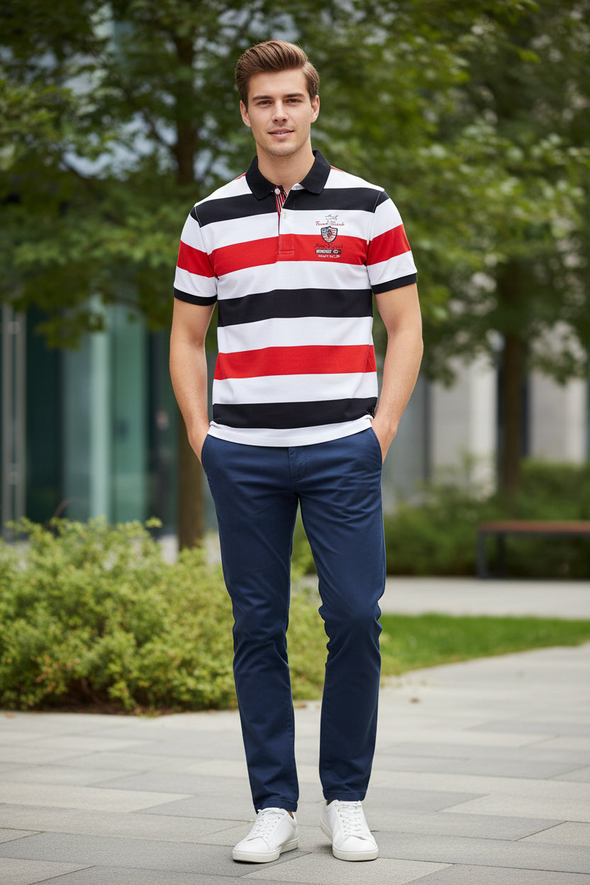 A men's short-sleeve polo shirt with horizontal stripes in black, white, and red. The shirt features a black collar, a black inner placket, a left chest crest with 'Tace Shark' and 'Angler Club' text, and a right chest label reading 'KIFAWA'.