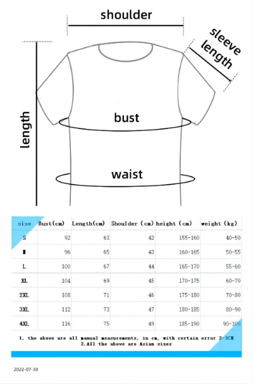 Measurement chart for shirts with labeled parts and size chart