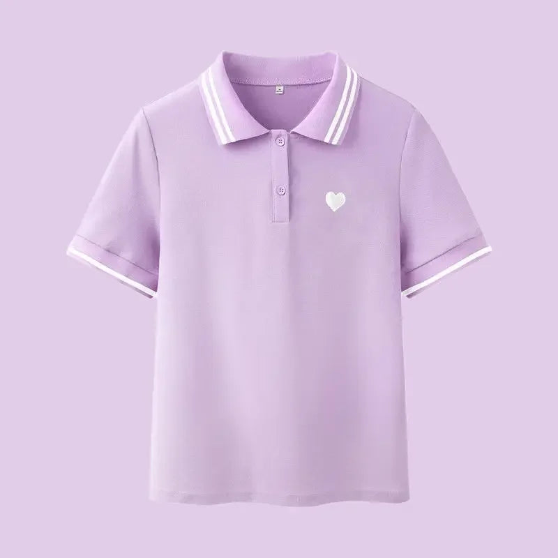 Polo Neck Shirt for Women Button 100℅ Cotton White Embroidery Baggy Woman T Pulovers High Quality Korean Popular Clothes Youth