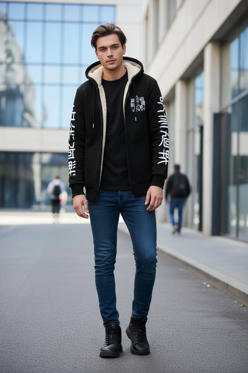 Black hoodie with white text and a graphic design on the back against a textured beige background