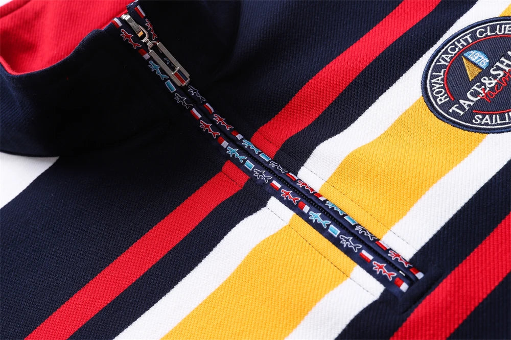 TACE&SHARK Brand Men‘s Casual Long Sleeve Striped Polo Shirt Cotton Blend Knitted Top Fashion Business Embroidery