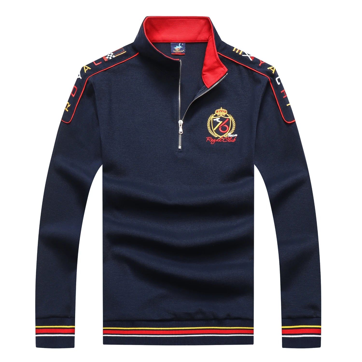 Navy long-sleeve shirt with red collar and embroidered logo on a white background