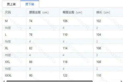 A size chart table in Chinese showing measurements for M, L, XL, XXL, and XXXL sizes, with waist, hip, and pant-length columns.
