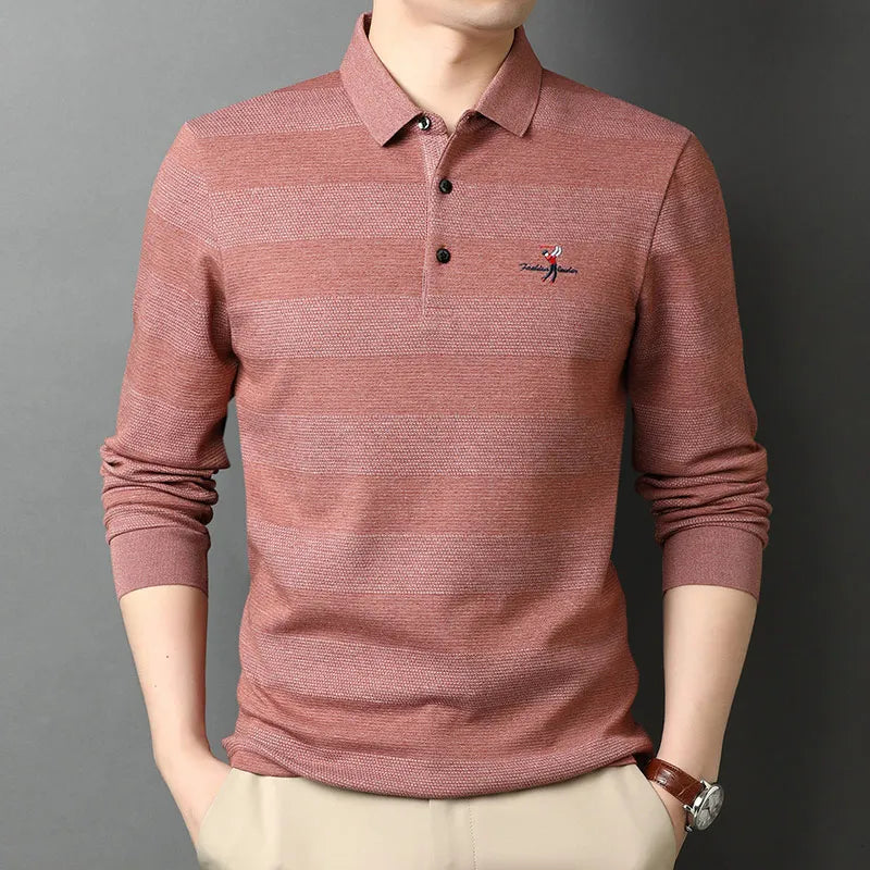 2025 High End New Fashion Brand Striped Designer Embroidery Casual Turn Down Collar Long Sleeve Polo Shirts Men Tops Men Clothes