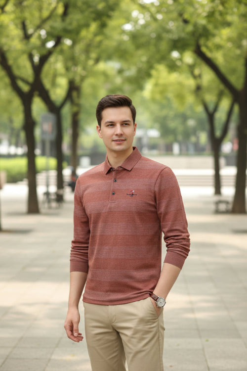 Red striped long-sleeve polo shirt with a small logo on a gray background