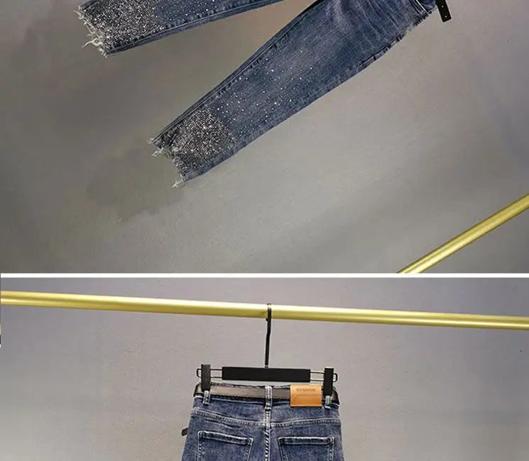 Heavy Industry Hot Diamond Jeans for Women 2026 Summer New Thin Slim High Waist Versatile Seven Point Jeans Female Casual Pants