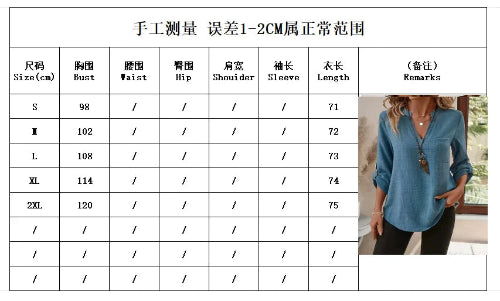 Measurement chart for clothing with a person wearing a blue shirt in the background