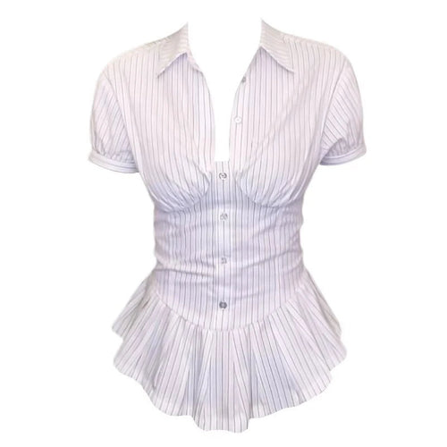 A short-sleeve button-front blouse with a pointed collar and a gathered peplum hem, shown on a white background. The fabric has a white base with thin vertical blue pinstripes.