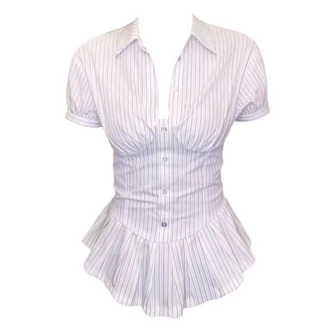 A short-sleeve button-front blouse with a pointed collar and a gathered peplum hem, shown on a white background. The fabric has a white base with thin vertical blue pinstripes.