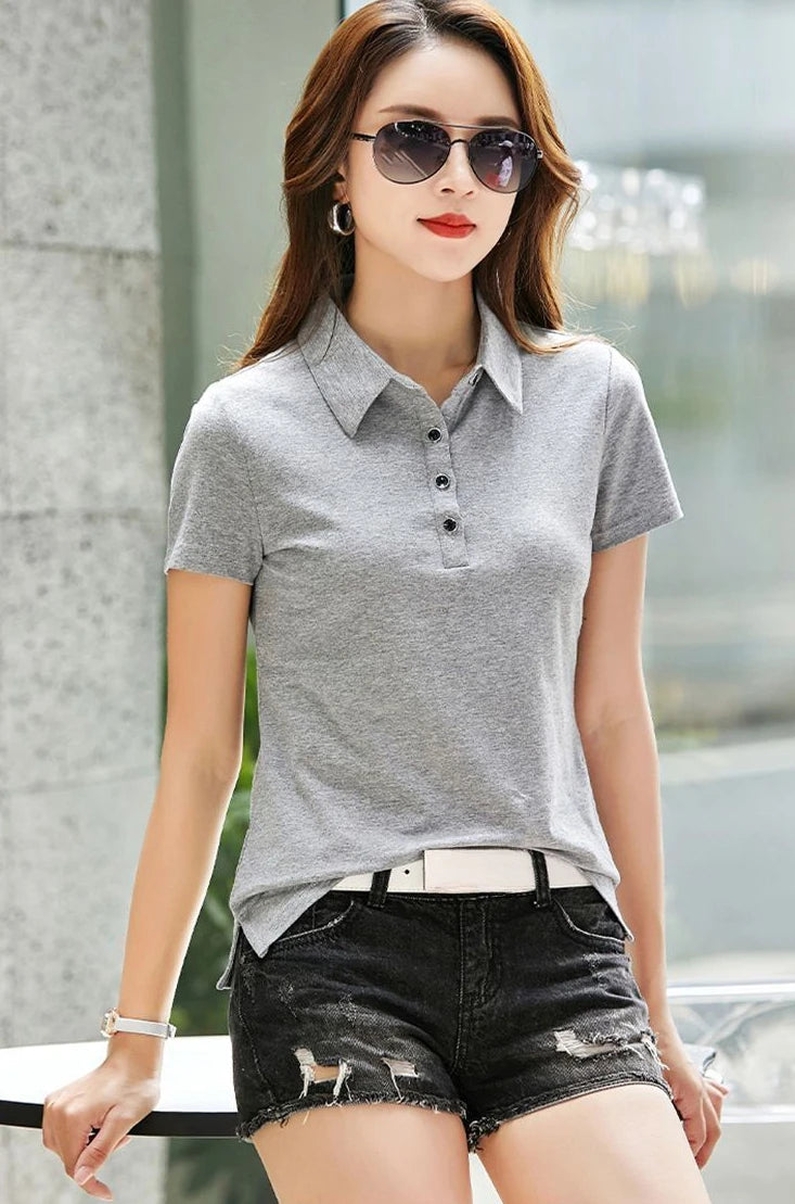 Female Tee Slim 100℅ Cotton Plain Button Women's Polo Korean Clothing Goth T-shirts Elegant Cheap Aesthetic Hot Sales Emo Kpop