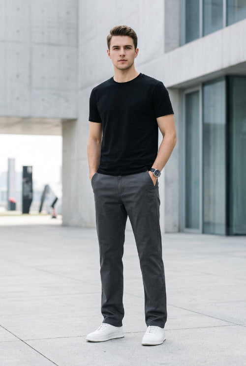 A person wearing straight-leg gray trousers, paired with a black t-shirt and white sneakers, 