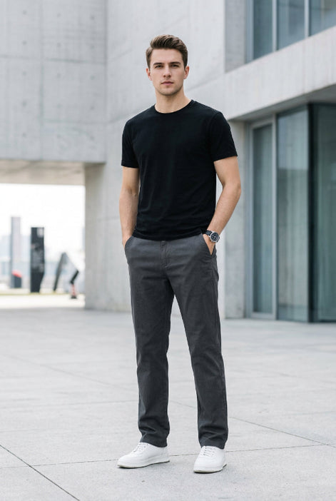 A person wearing straight-leg gray trousers, paired with a black t-shirt and white sneakers, 