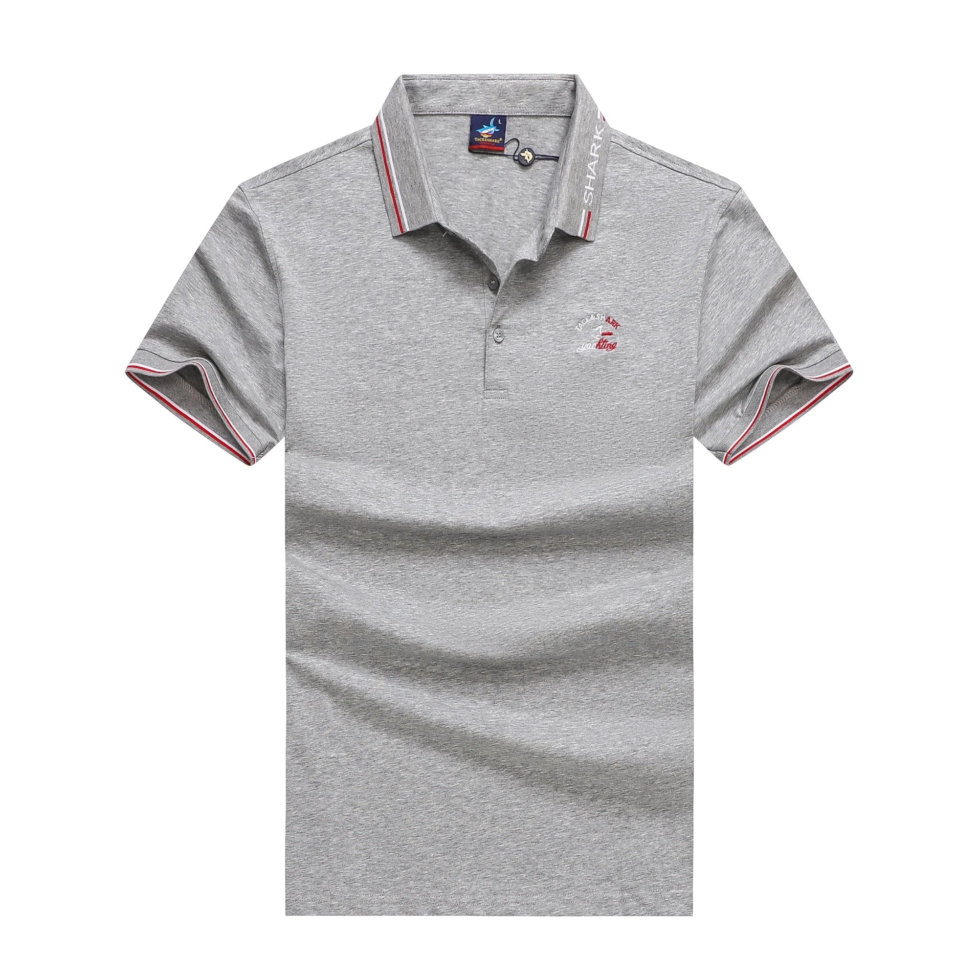 A light gray heather short-sleeve polo shirt with a red and white striped collar and sleeve cuffs, featuring a small embroidered logo on the left chest.